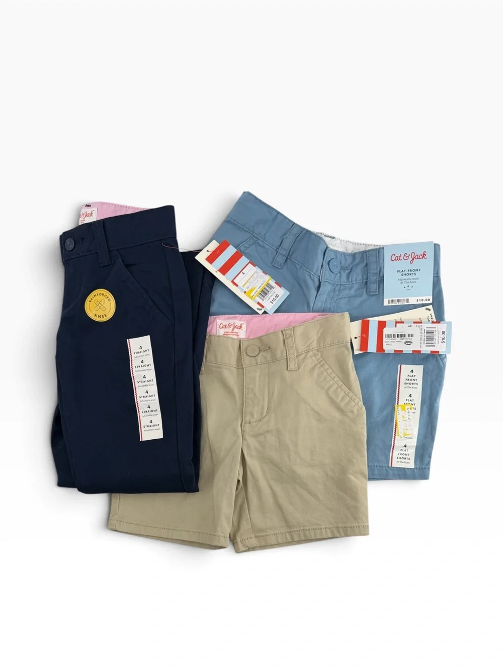 3 piece set Cat & Jack Kids' Cotton Shorts Khaki & Light Blue. Navy pants.